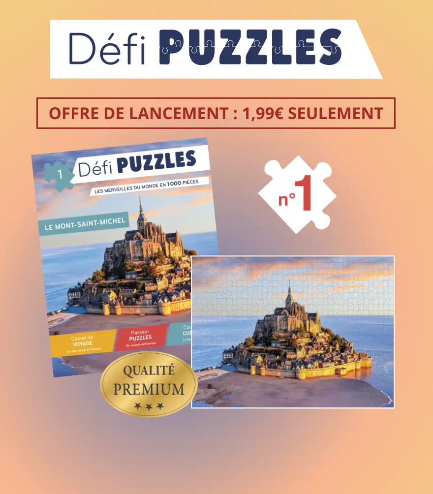 Défi Puzzles, offre de lancement : 1,99€ seulement. Explorez le Mont-Saint-Michel, une des plus belles merveilles du monde avec un puzzle 1000 pièces ! Je fonce, nouvel onglet